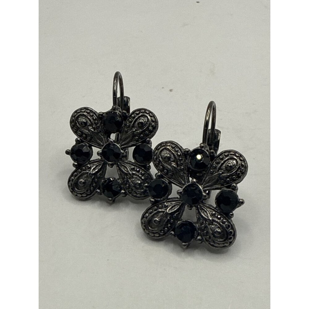 Vintage-Style Black Crystal Floral Drop Earrings Ornate Silver-Tone Detailing